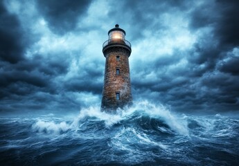 Obraz premium Stone lighthouse with glowing lantern stands against a dramatic backdrop of dark stormy clouds and turbulent ocean waves