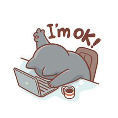 A tired dark gray cartoon cat slumps over a laptop, face down on the keyboard, with one paw giving a thumbs-up. Above it, the phrase 