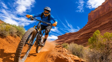 Naklejka premium Mountain biker navigating a dusty trail in a vibrant canyon under a clear blue sky