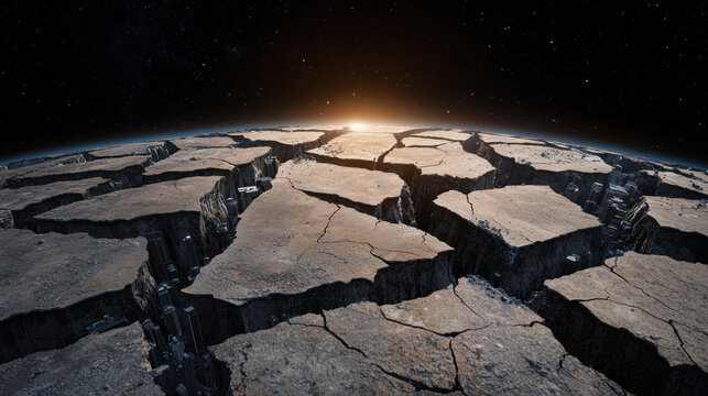 Earth demise Doomsday. Cracked earth surface with a sunrise in the background.