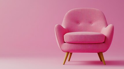 Pink armchair on pink background. Soft, textured fabric. Minimalist, modern design. Wooden legs. Studio lighting
