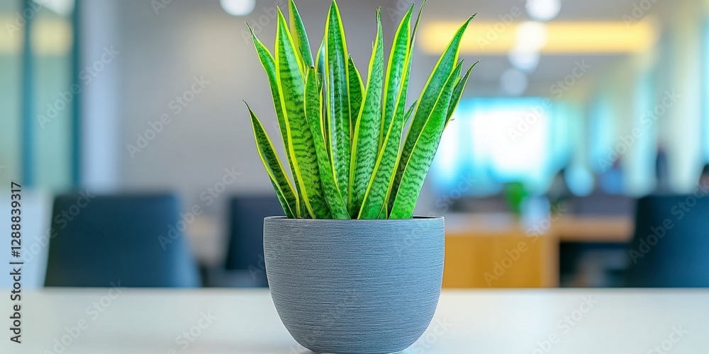 Canvas Prints Vibrant green snake plant in a gray textured pot sits on a white table. Blurred office background. Modern, minimalist decor