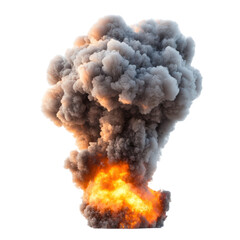 Large explosion producing smoke and fire against a dark background creating a dramatic scene isolated on transparent background..