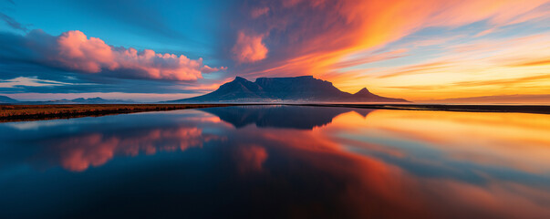 stunning view of Table Mountain in Cape Town, showcasing dramatic sky with vibrant colors reflecting on calm water. scene evokes sense of tranquility and awe