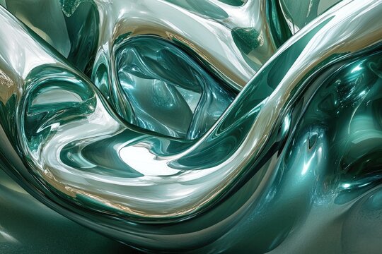 Abstract image of swirling, reflective teal and silver liquid, creating a mesmerizing, fluid sculpture.