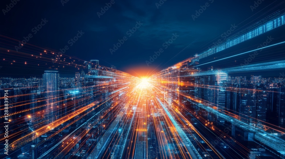 Poster Light trails are converging into a bright spot over a cityscape at night, creating a futuristic and dynamic scene symbolizing technological advancement and urban development