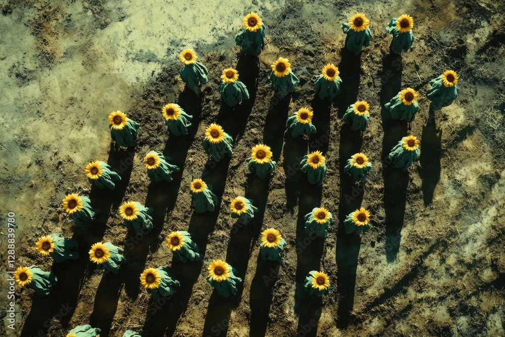 Poster aerial view of a sunflower field arranged in neat rows, casting long shadows on the parched earth.