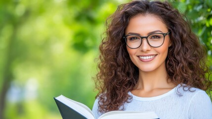 Obraz premium Smiling young woman with curly brown hair wearing glasses holds a book outdoors, bright green background, natural daylight