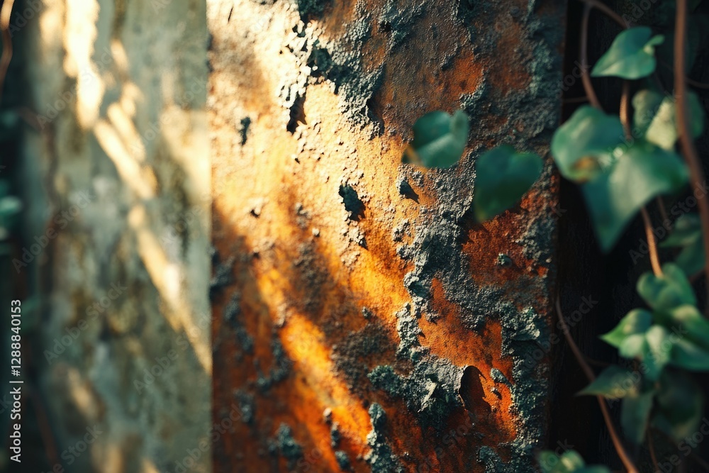 Aufkleber rusty metal surface with patches of flaking paint and creeping ivy, bathed in sunlight.