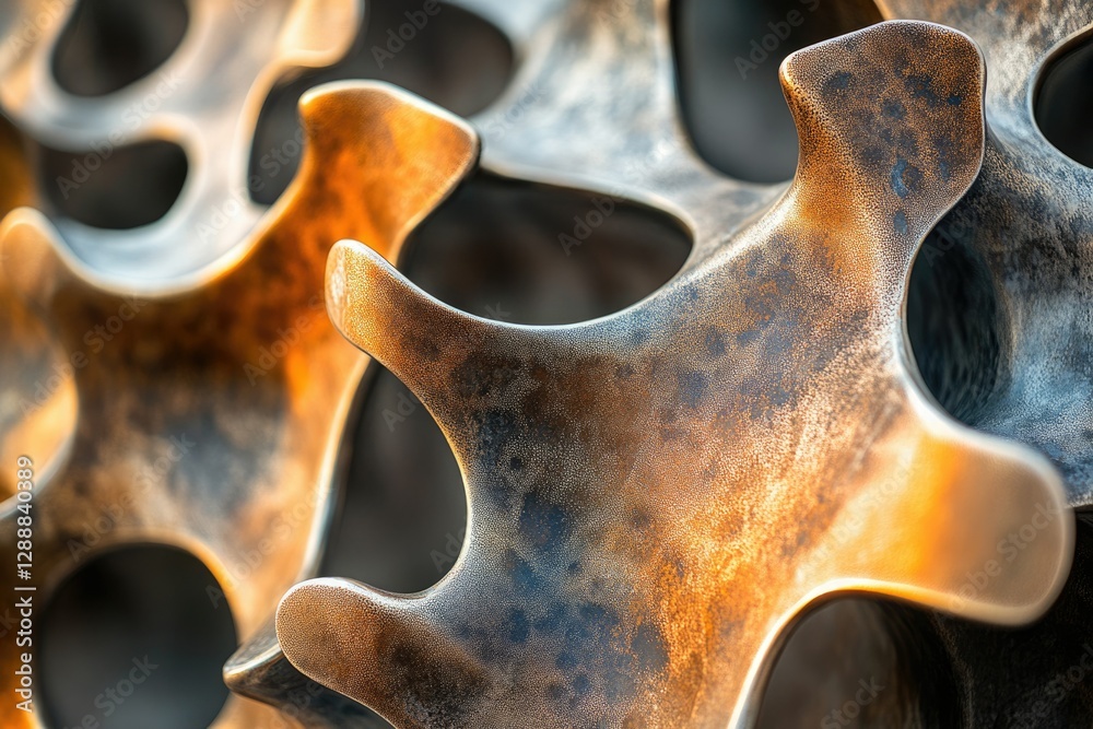 Poster close-up of an abstract bronze sculpture with intricate, organic shapes and a textured surface.