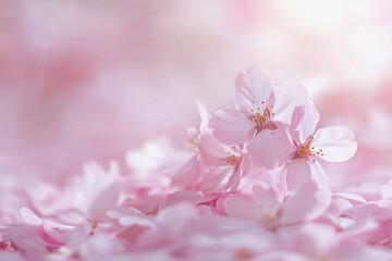 Fototapeta premium Soft-focus view of sakura cherry blossoms in spring, with vibrant pink petals softly illuminated in the gentle sunlight. The background blurs into soothing hues, enhancing the beauty of the blossoms. 