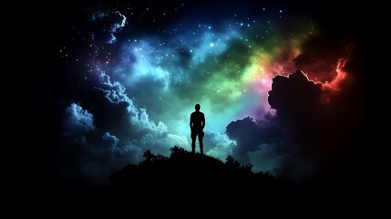 Fototapeta premium Silhouette Man Stargazing Night Sky Hilltop Dreamscape.