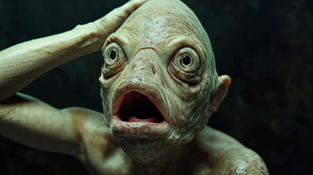Surprised hybrid creature expressing confusion and wonder in deep underwater environment