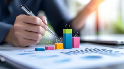 Closeup of Hand Analyzing Colorful Bar Graph on Documents