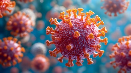 Microscopic view of coronavirus cells floating in a blue environment