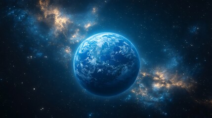 Planet earth rotating in space with north and south america visible and nebulae surrounding it