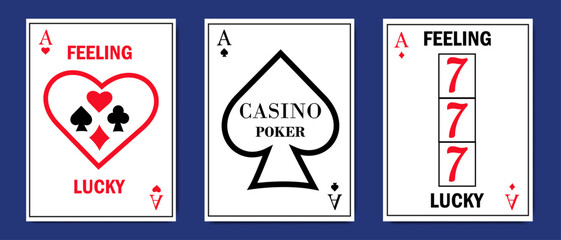 Stylized playing card designs with casino symbols, lucky sevens, and gambling themes on a dark blue background.
