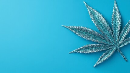 Silver glitter cannabis leaf on a light blue background. Minimalist, festive design with copy space. Sparkling, decorative, and symbolic