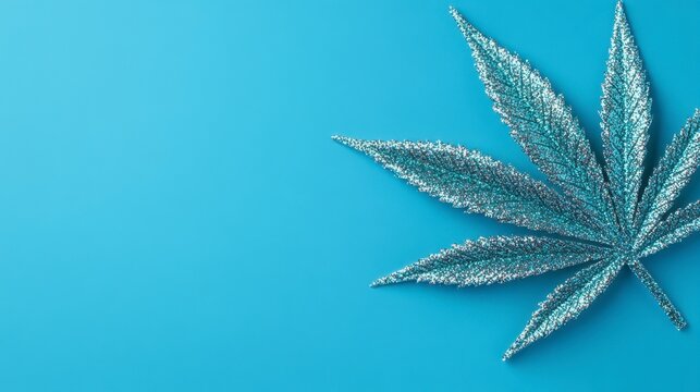 Silver glitter cannabis leaf on a light blue background. Minimalist, festive design with copy space. Sparkling, decorative, and symbolic