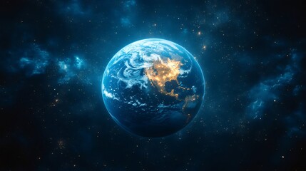 Obraz premium Planet earth rotating in space with illuminated cities and starry background