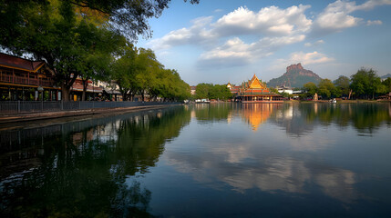 Fototapeta premium Serene Lake Reflection with Golden Temple and Mountain