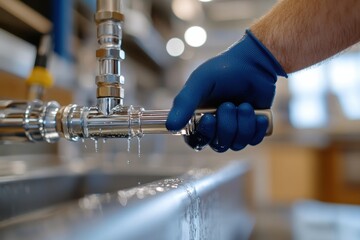 An experienced plumber with blue gloves curtails water flow from a leaking pipe, emphasizing quick problem-solving and hands-on expertise for efficient repairs.