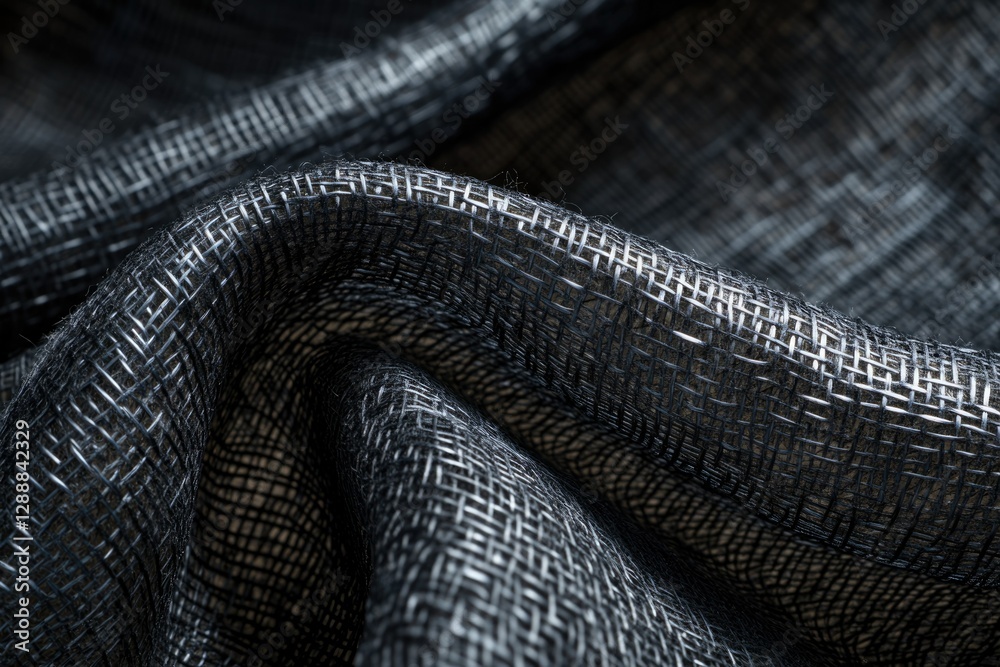 Poster close-up of dark gray woven fabric with a textured, grid-like pattern.