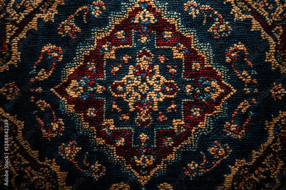Poster intricate detail of a richly colored carpet, showcasing a stunning oriental design with a symmetrica