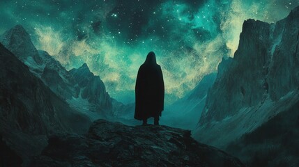 A mysterious figure in silhouette stands against a breathtaking cosmic sky, where auroras and galaxies blend over jagged mountain peaks.