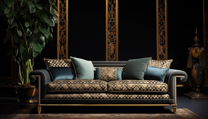 Fototapeta premium Luxury Gold Trim Sofa Teal Pillows Dark Room Decor