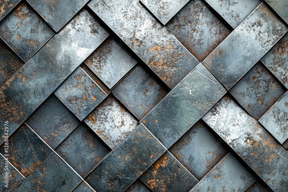 Leinwandbilder rustic metallic wall texture with intersecting, weathered metal plates creating a geometric pattern.