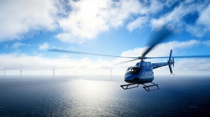 Helicopter flying over offshore wind turbines in a vibrant blue sky with ocean reflections