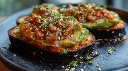 Delicious Avocado Toast with Tomato Salsa and Sesame Topping
