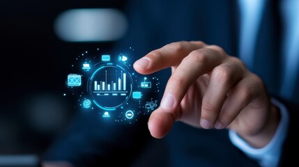 Hand Interacting with Glowing Digital Interface Showing Graphs and Media Icons
