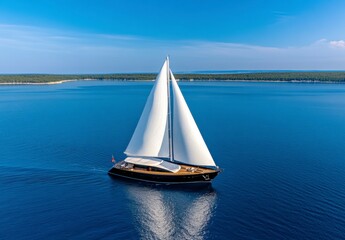 Obraz premium A sailboat with white sails glides across a calm, deep blue sea under a vibrant blue sky. The sun reflects on the water, creating a glistening