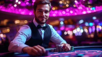 Croupier dealing cards at casino poker table