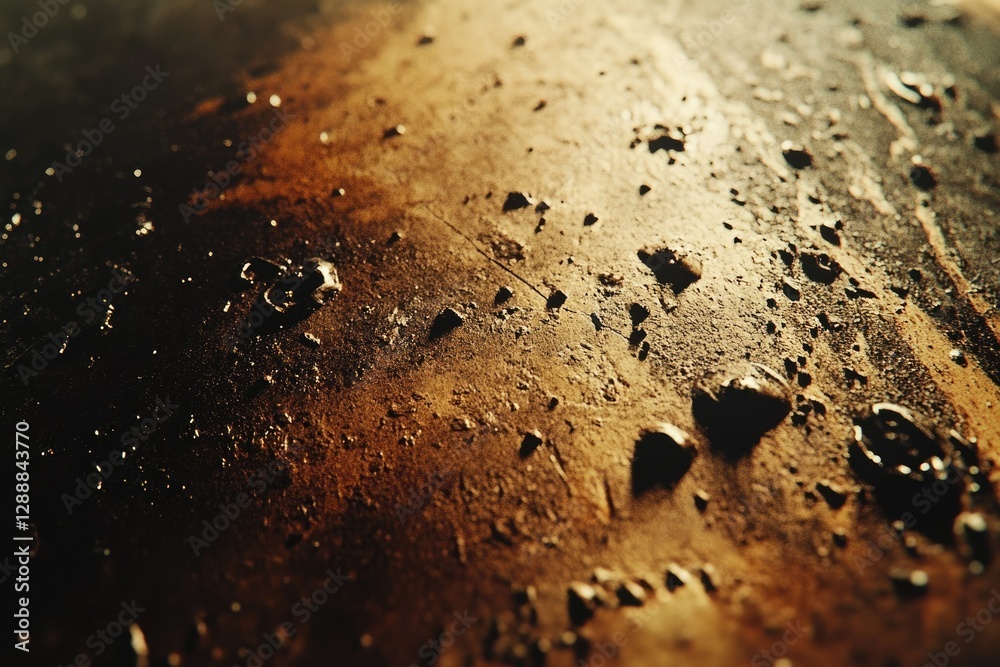 Poster close-up of a textured, dark brown surface with scattered pebbles and a glossy sheen.