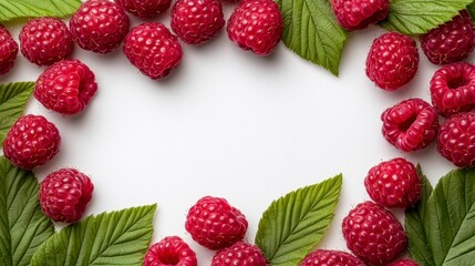 Fresh raspberries and green leaves arranged in a frame on a white background. Perfect for food blogs, recipes, or healthy eating themes