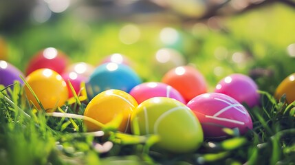 Vibrant Easter Celebration: Close-Up of Colorful Painted Eggs, Egg Hunt Background, Festive Decorations, Holiday Spirit