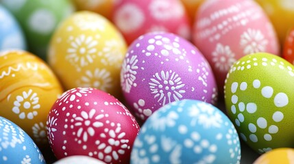 Vibrant Easter Celebration: Close-Up of Colorful Painted Eggs, Egg Hunt Background, Festive Decorations, Holiday Spirit