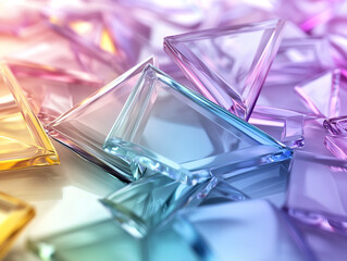 A striking visual with overlapping transparent layers of geometric shapes in a full-spectrum rainbow gradient