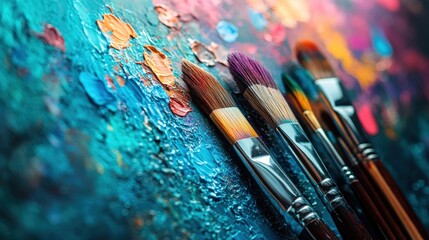 Obraz premium Colorful paintbrushes on vibrant artist's palette
