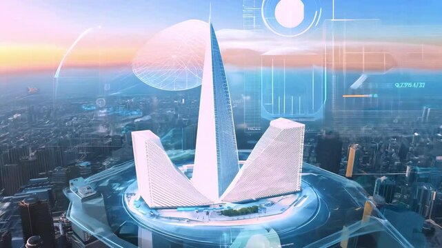 A futuristic city with advanced architecture, featuring a tall, sleek skyscraper surrounded by digital data overlays and a high-tech urban landscape.
