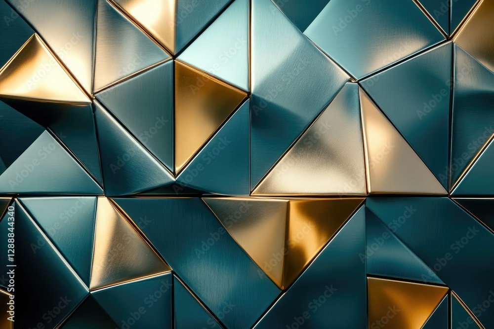 Poster Abstract geometric background of teal and gold metallic triangles creating a luxurious and modern design.