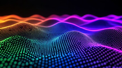 Abstract background with vibrant rainbow colored particles forming flowing waves. Dark background accentuates the glowing effect.  Digital art