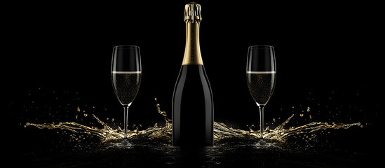 Champagne bottle and  glass of champagne with splashes on a black background