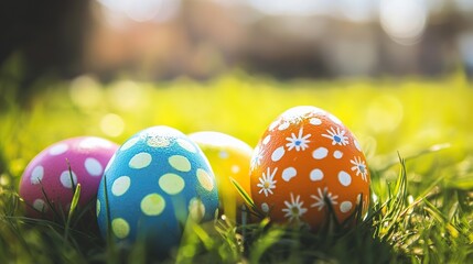 Vibrant Easter Celebration: Close-Up of Colorful Painted Eggs, Egg Hunt Background, Festive Decorations, Holiday Spirit
