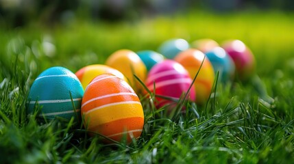 Vibrant Easter Celebration: Close-Up of Colorful Painted Eggs, Egg Hunt Background, Festive Decorations, Holiday Spirit