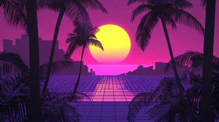 Naklejka premium Vibrant Sunset Over Ocean with Palm Trees and City Silhouette