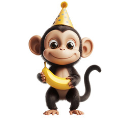 Cute 3D Cartoon Monkey Holding a Banana Wearing a Birthday Hat Isolated on Transparent Background